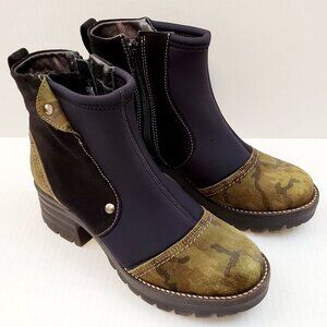 DROMEDARIS Kitty Neo Womens Size 7.5 Black Camo Suede Zip Ankle Boots Portugal